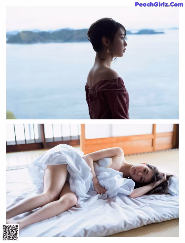 A woman laying on top of a bed next to a window.