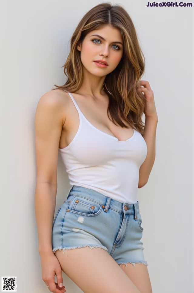 A woman in a white tank top and denim shorts posing for a picture.