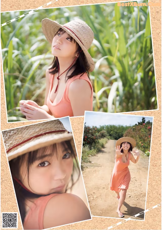 A collage of photos of a woman wearing a straw hat.
