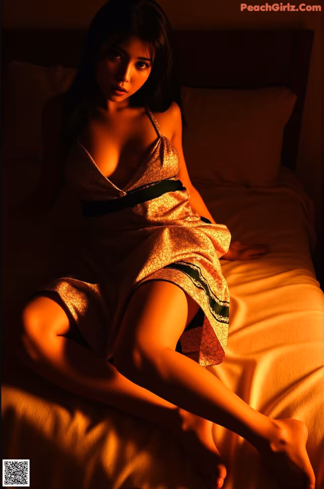 A woman sitting on a bed in a dress.