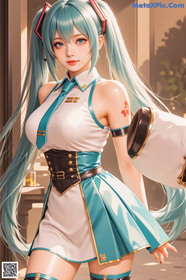 A woman with long blue hair wearing a white and green outfit.