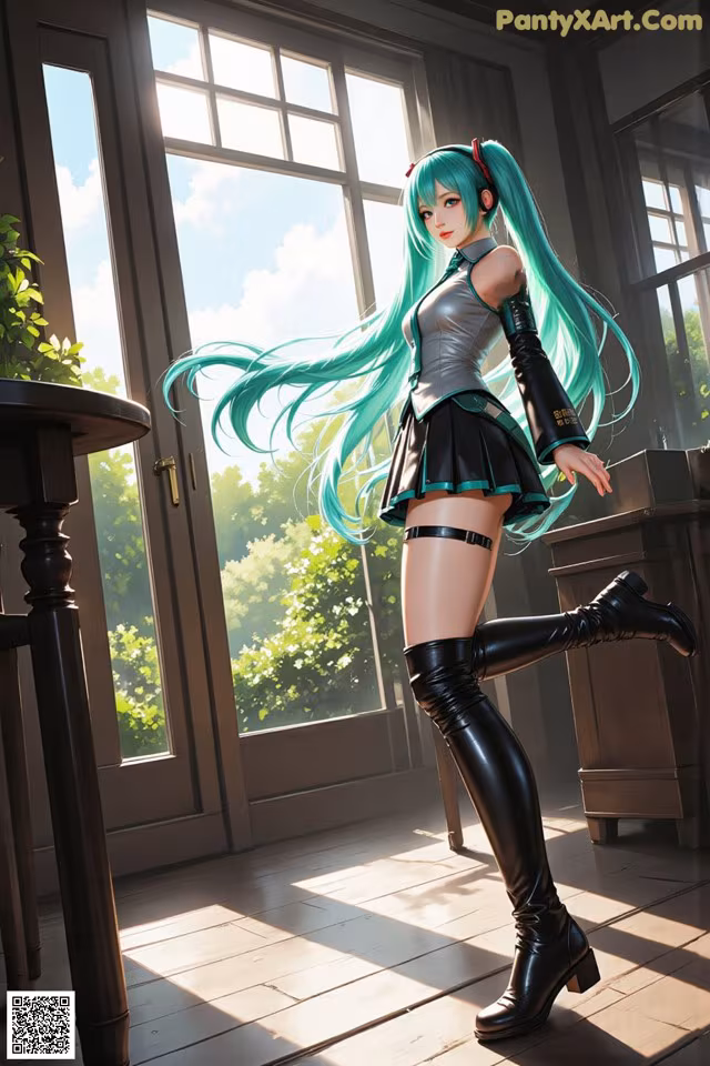 A woman with long green hair standing in front of a window.