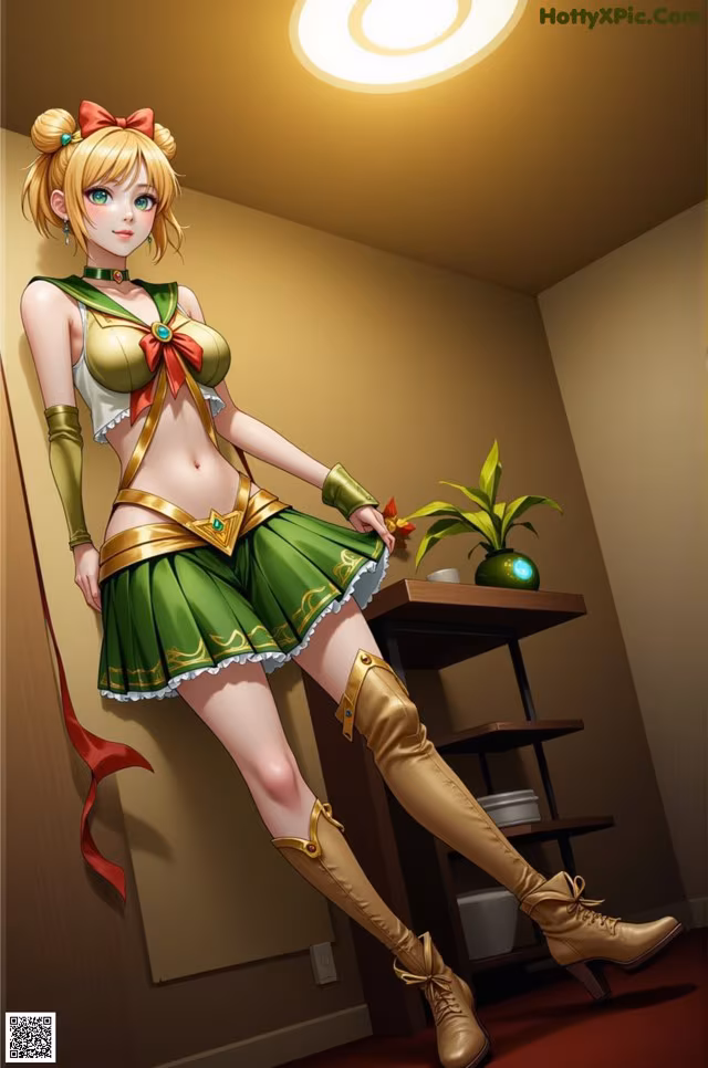A woman in a green and gold outfit is posing for a picture.
