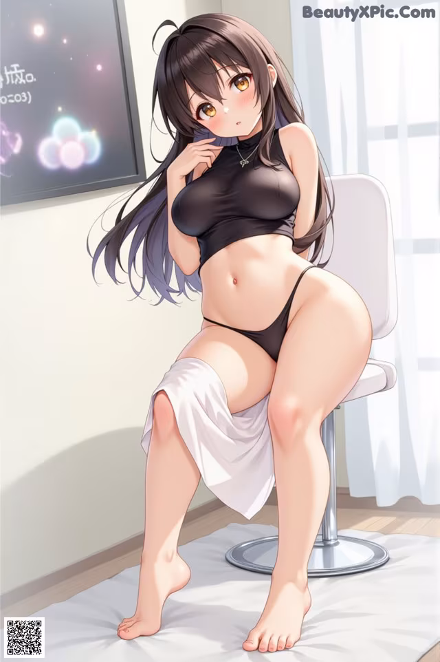 A woman in a black bikini sitting on a chair.