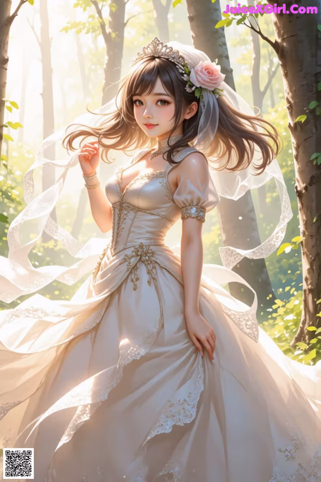 A woman in a wedding dress standing in the woods.