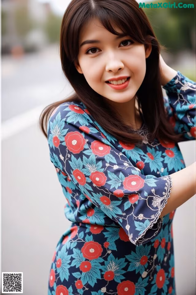 A woman in a blue and red floral dress posing for a picture.