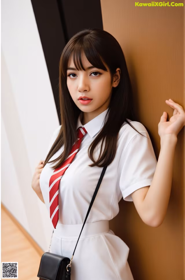 A woman in a white shirt and red tie leaning against a wall.