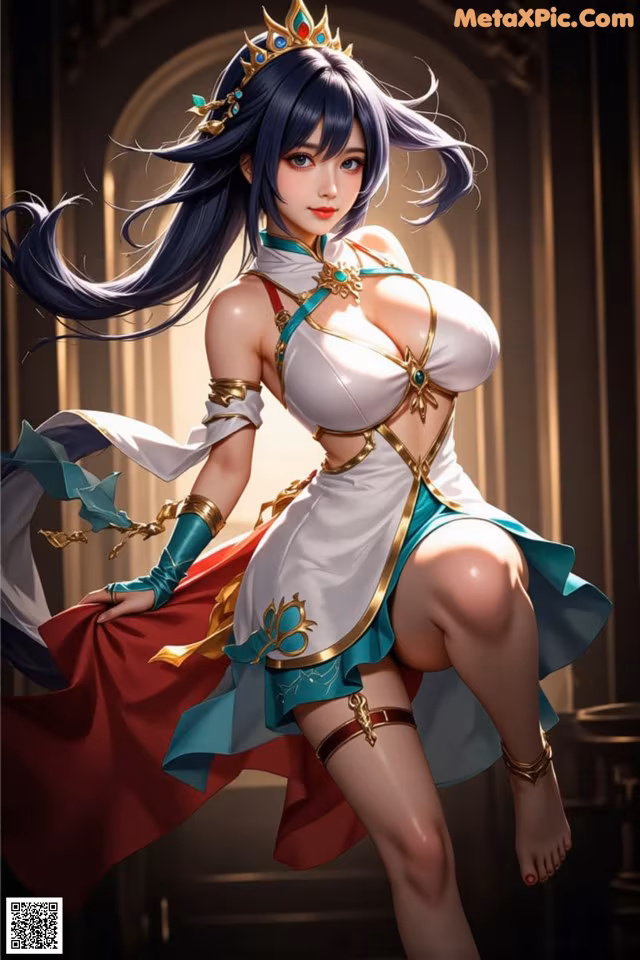 A woman in a white and blue outfit with a crown on her head.