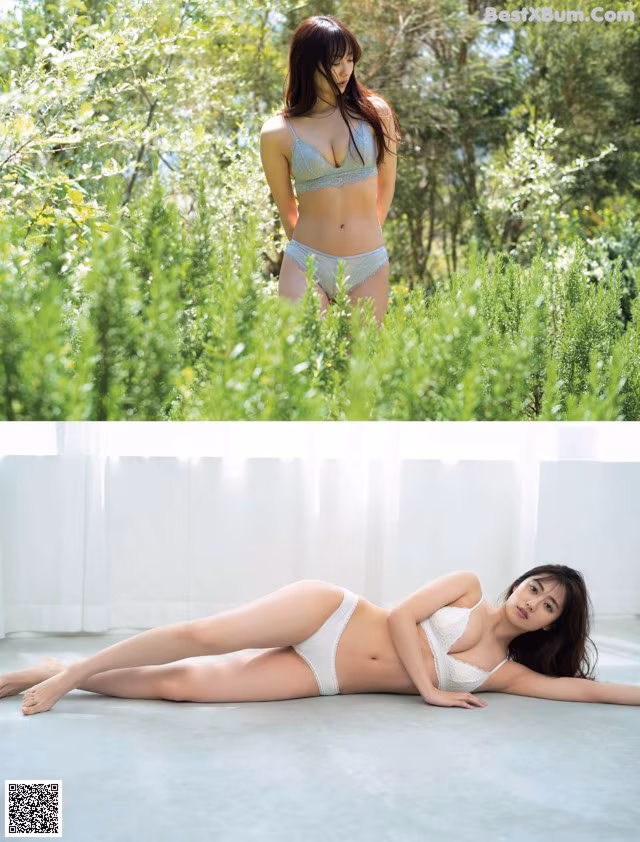 A woman in a white bikini laying on the ground.